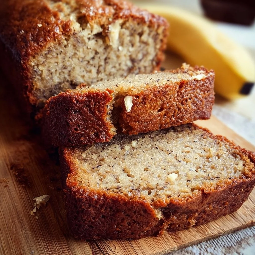 Loaf of easy moist banana bread on a wooden cutting board