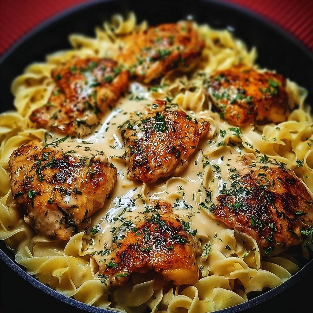 Easy One-Pan Chicken with Buttered Noodles 1 One-pan chicken dish with buttered noodles in a skillet