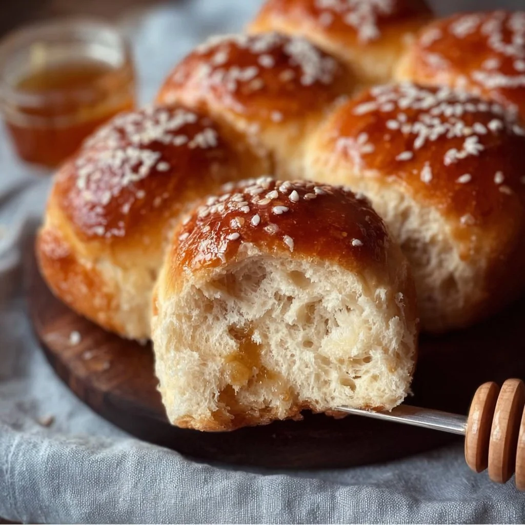 Fluffy gluten-free milk honey rolls on a wooden board