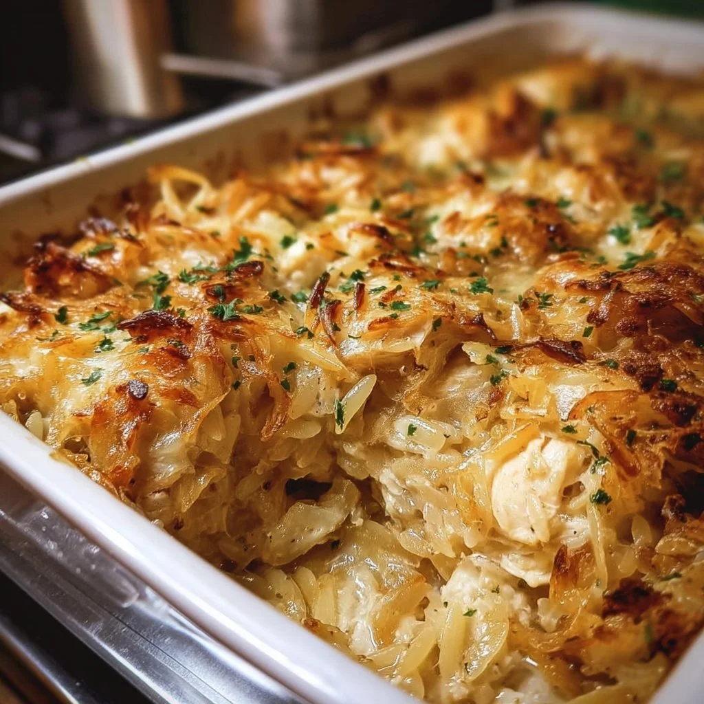 French Onion Chicken Orzo Casserole topped with cheese and herbs