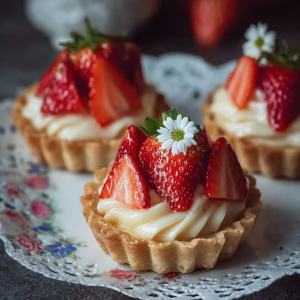 Fresh and Delicious Strawberry Tartlets 1 Fresh strawberry tartlets topped with whipped cream and mint leaves