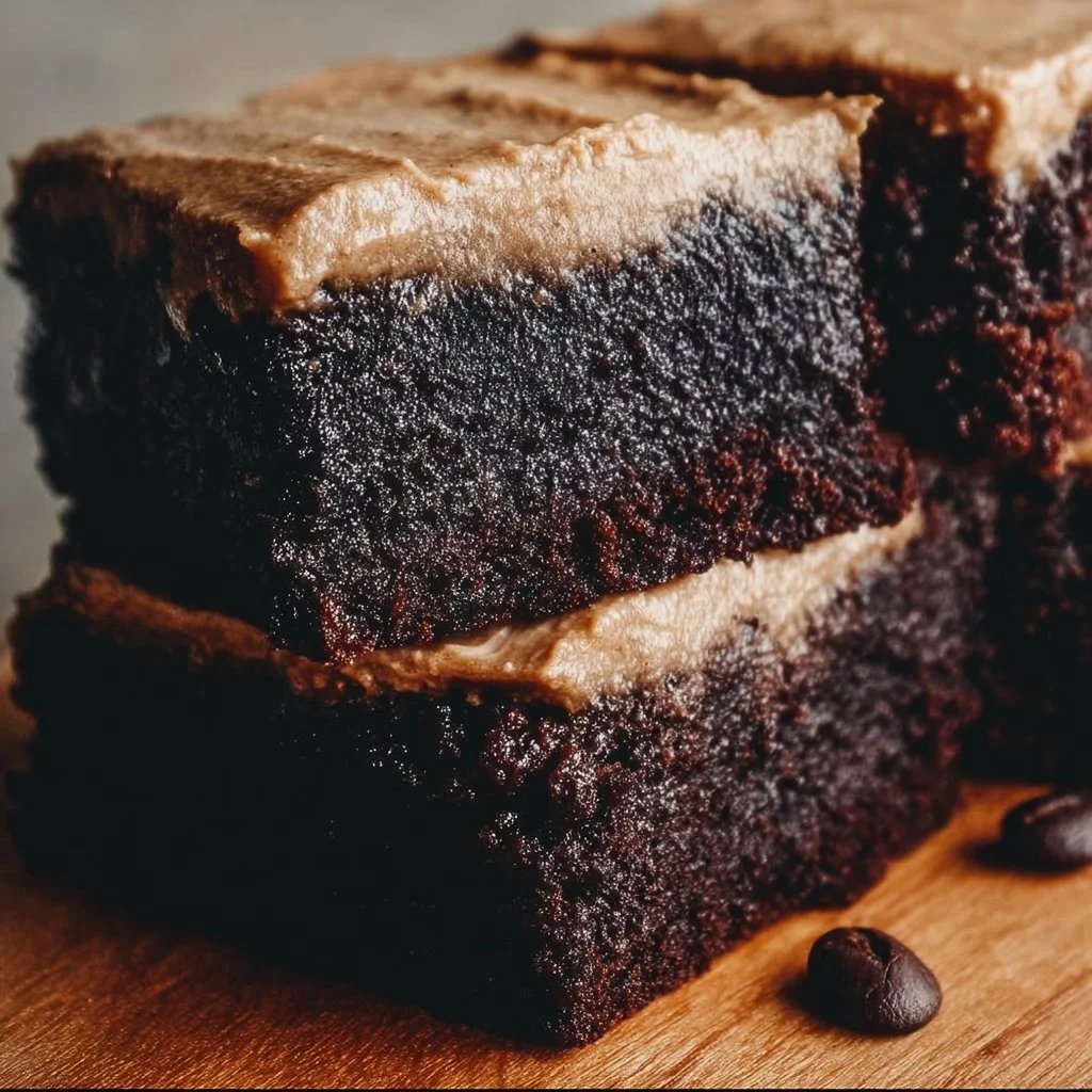 Frosted Coffee Brownies 1 Delicious frosted coffee brownies on a plate with coffee beans