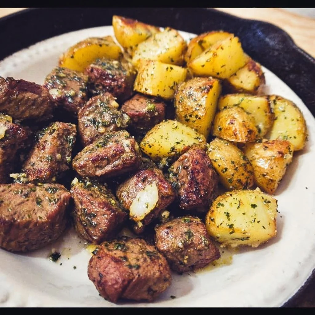 Delicious garlic butter steak bites served with roasted potatoes