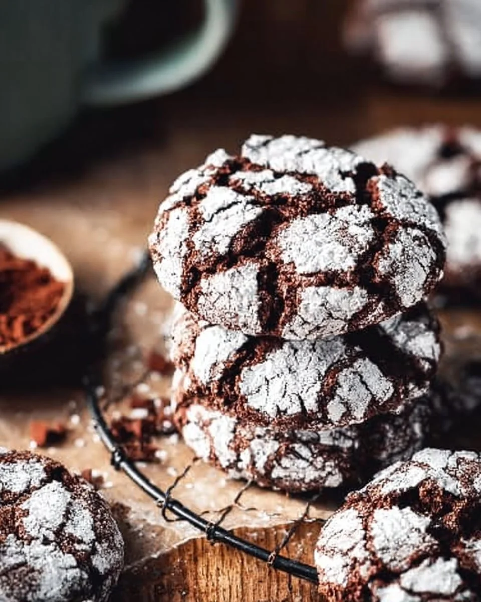 Gluten Free Chocolate Crinkle Cookies 1 Plate of gluten-free chocolate crinkle cookies dusted with powdered sugar