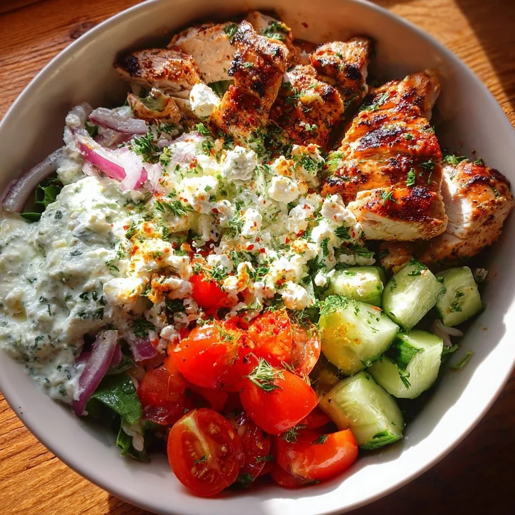 Greek Chicken Bowls 1 Greek Chicken Bowls with fresh vegetables and Mediterranean flavors