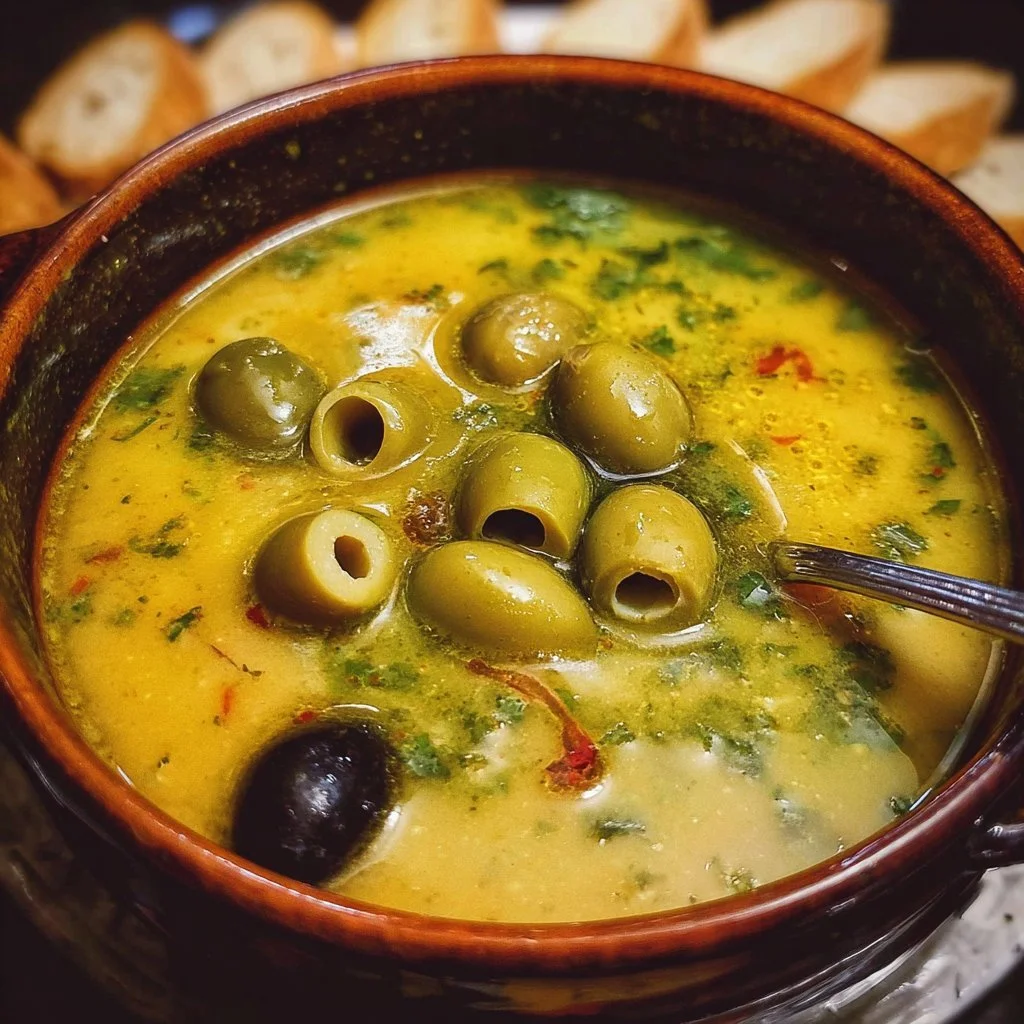 A bowl of delicious homemade Green Olive Soup garnished with herbs