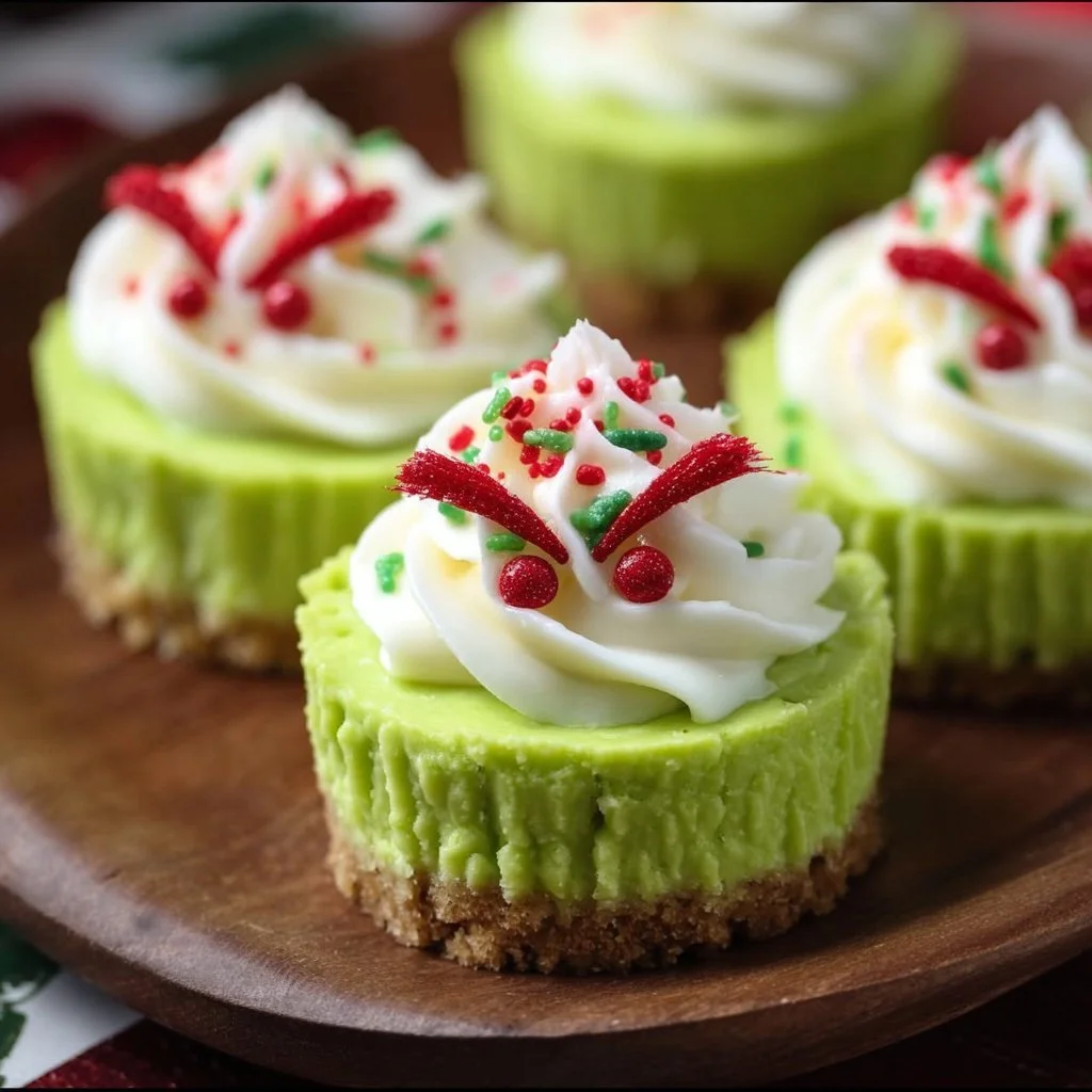 Festively decorated Grinch mini cheesecakes with green frosting and red toppings.