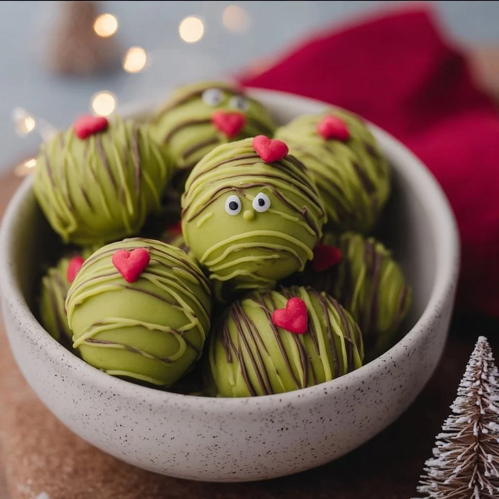 Grinch Oreo Truffles decorated for the holiday season