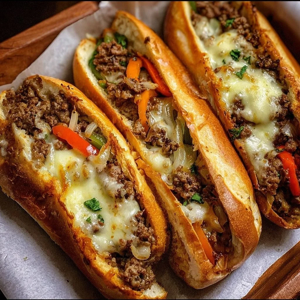 Ground Beef Philly Cheesesteaks 1 Delicious Ground Beef Philly Cheesesteaks with melted cheese and fresh toppings
