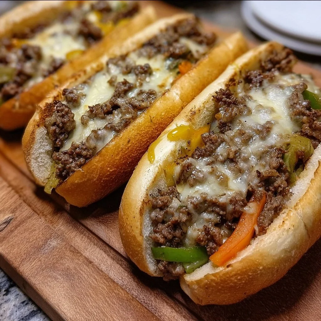 Ground Beef Philly Cheesesteaks 1 Delicious Ground Beef Philly Cheesesteaks with cheese and fresh toppings