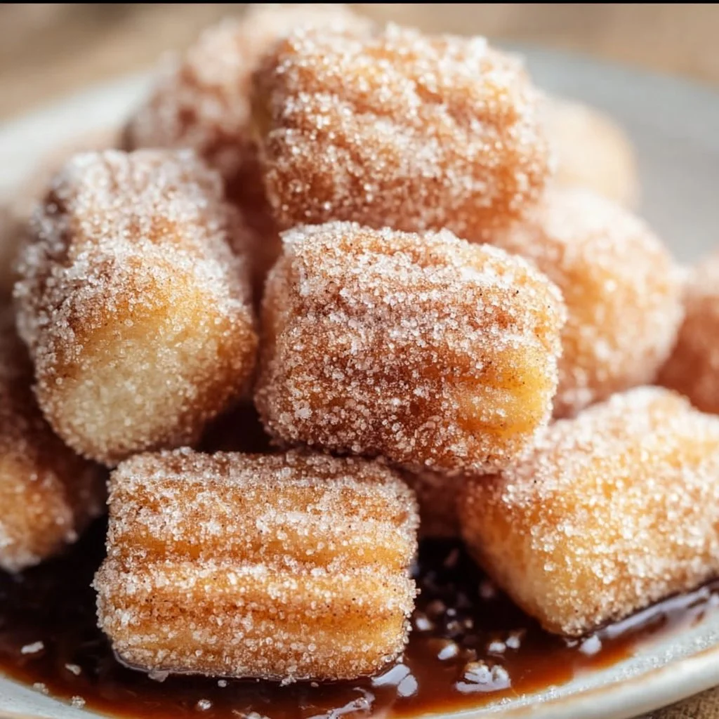 Healthy Air Fryer Churro Bites 1 Delicious air fryer churro bites served on a plate with cinnamon sugar topping.
