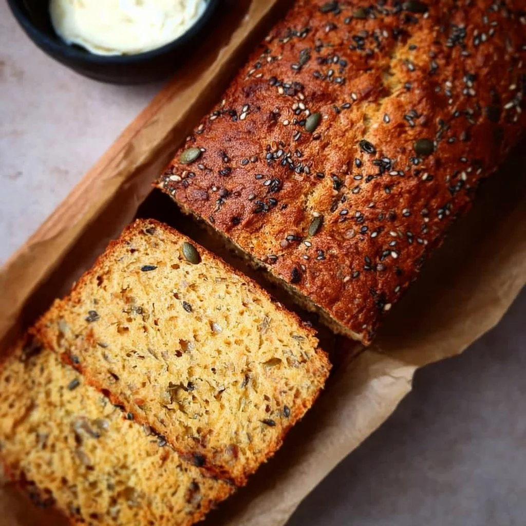 Sliced healthy lentil bread on a wooden cutting board