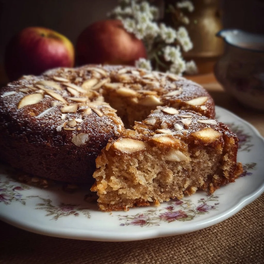 Healthy oatmeal apple cake topped with fresh apple slices and oats.
