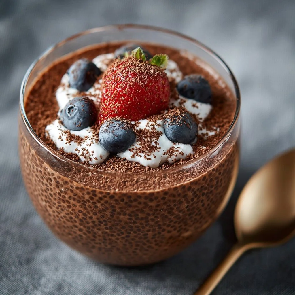 High Protein Chocolate Chia Seed Pudding 1 High protein chocolate chia seed pudding served in a bowl with toppings