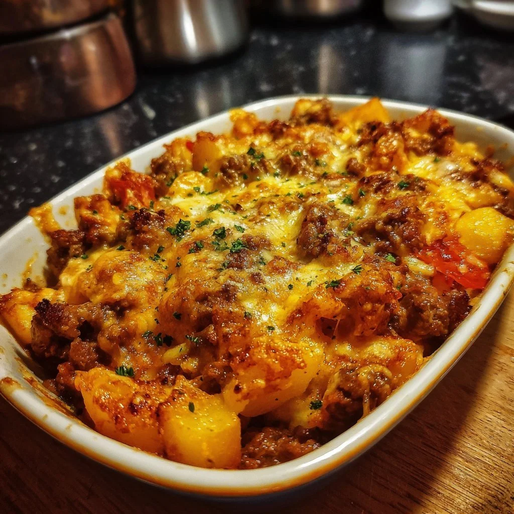 Delicious Hobo Casserole served in a baking dish with fresh ingredients.