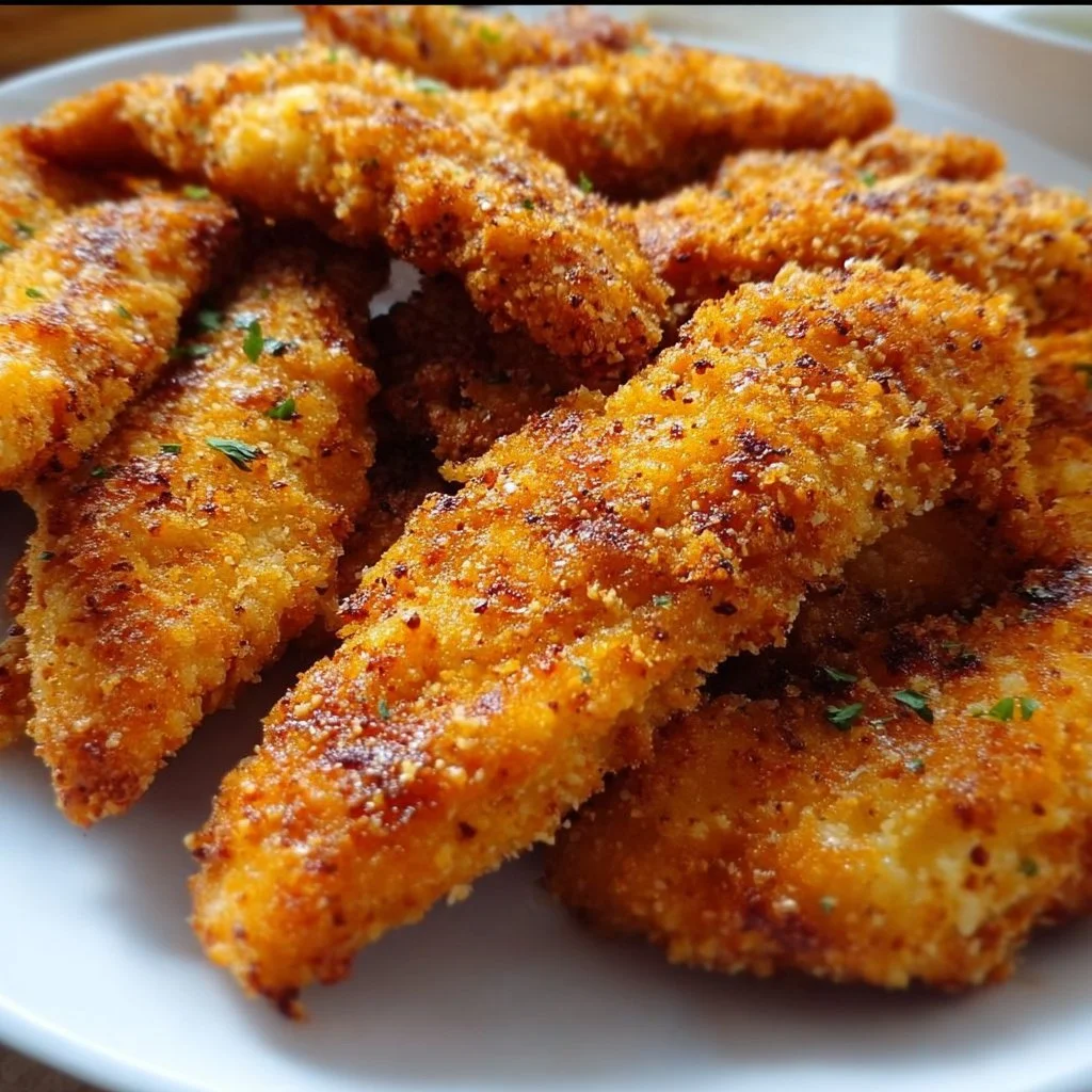 Crispy homemade baked chicken tenders on a plate with dipping sauce