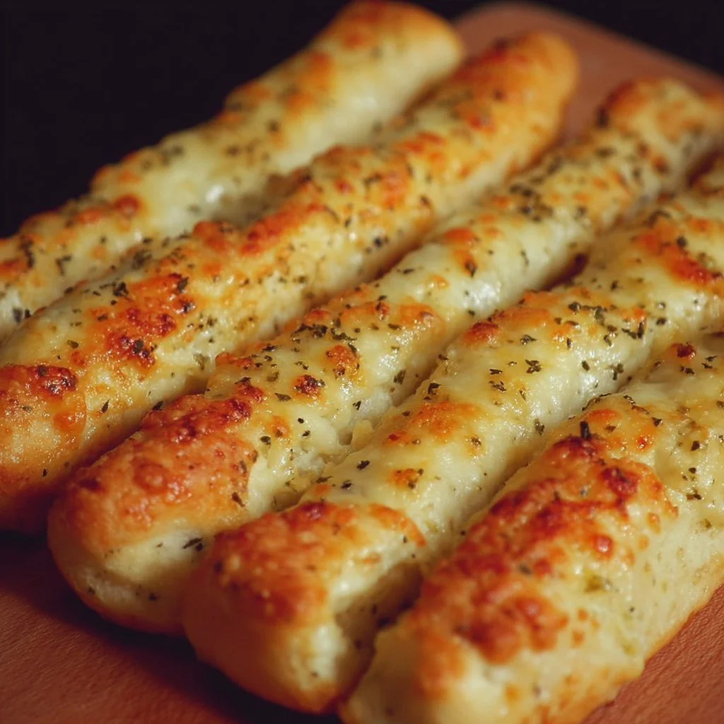 Homemade Cheesy Breadsticks 1 Homemade cheesy breadsticks topped with melted cheese and herbs