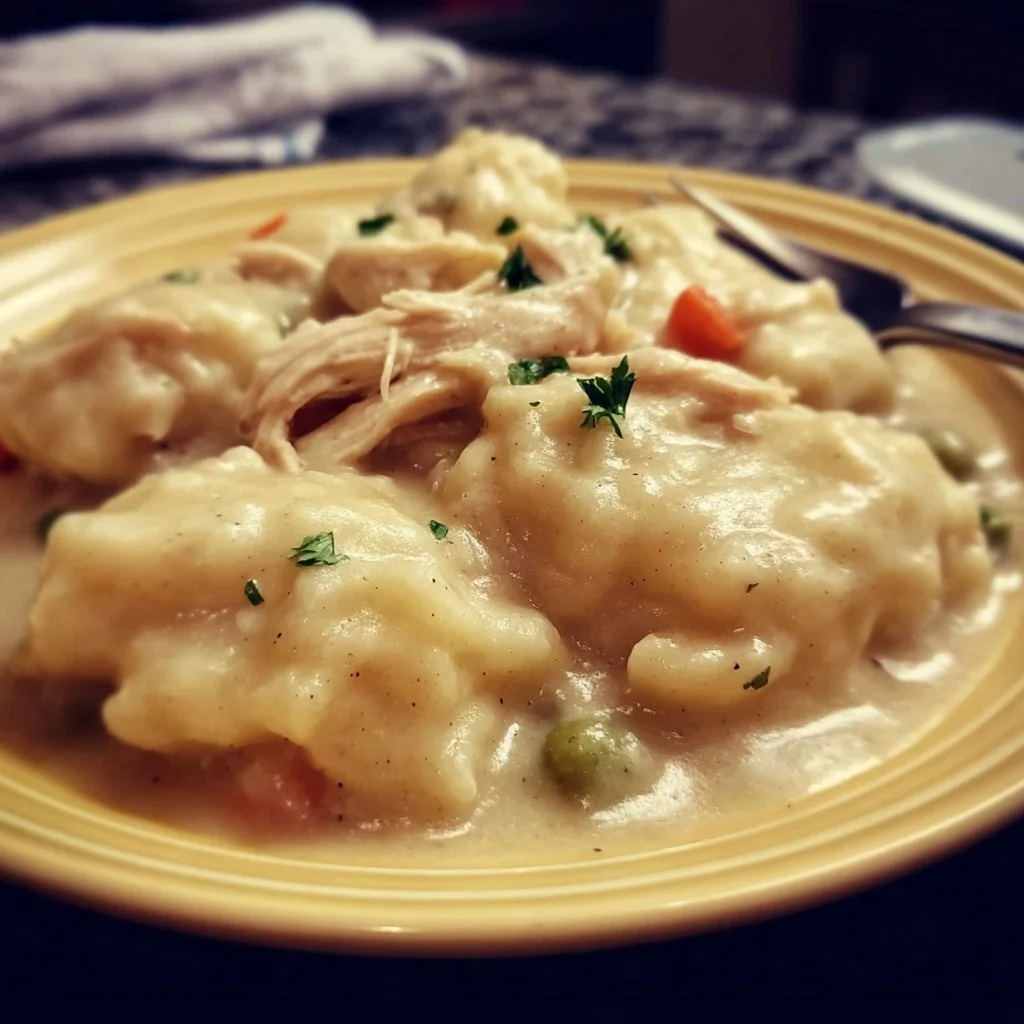 Bowl of homemade Chicken and Dumplings in Cracker Barrel style