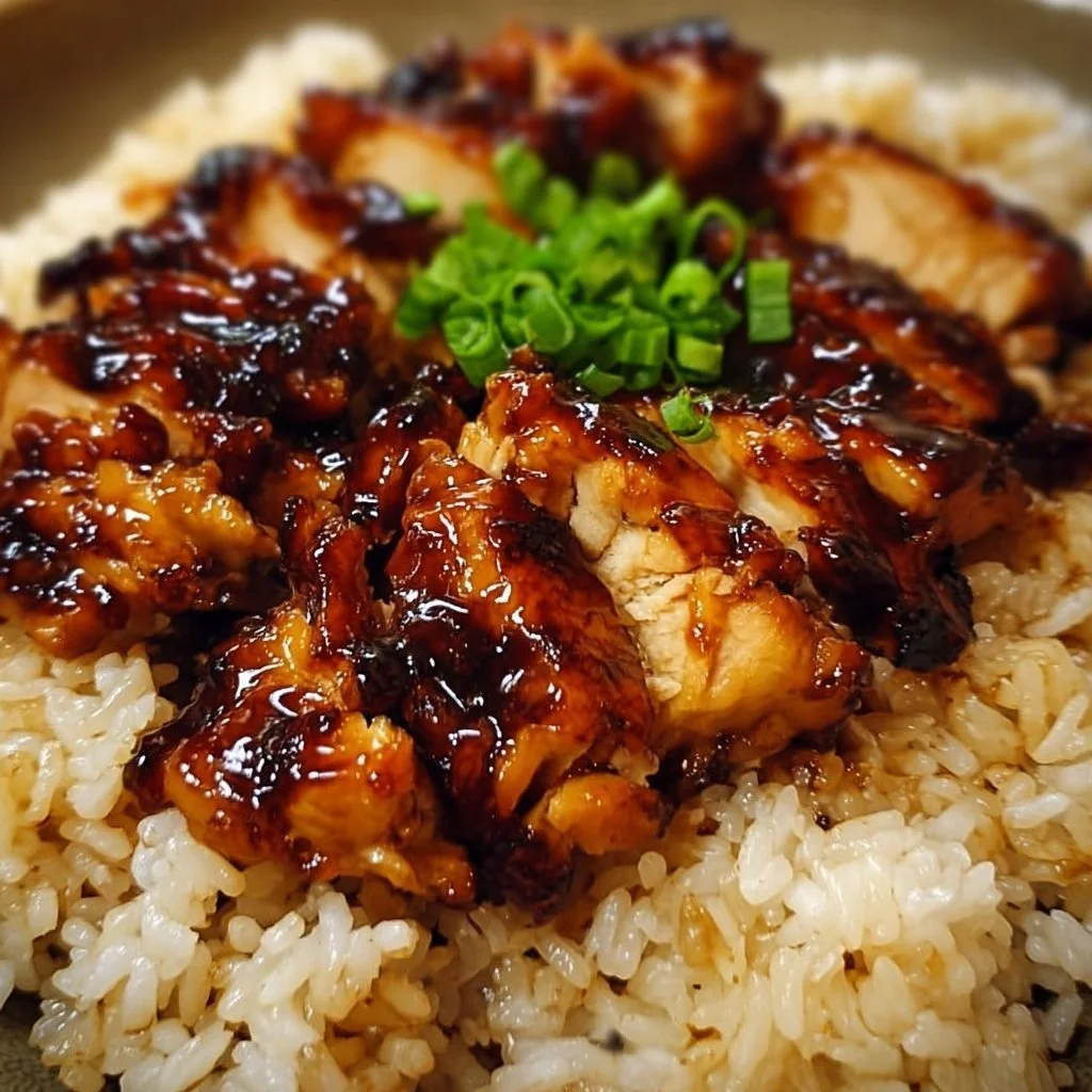 Honey BBQ Chicken Rice 1 Delicious Honey BBQ Chicken served over rice, garnished with fresh herbs