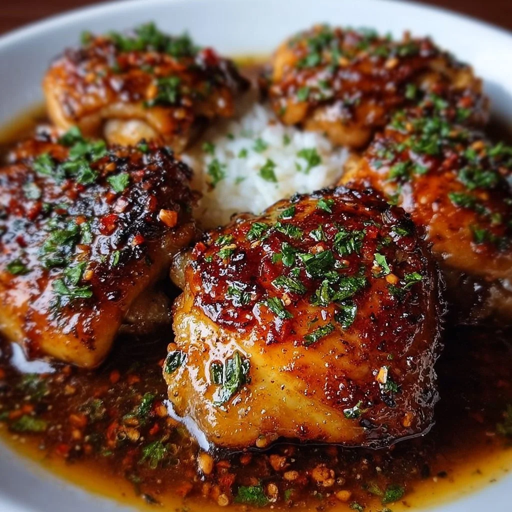Honey Garlic Chicken Thighs served on a plate with fresh herbs