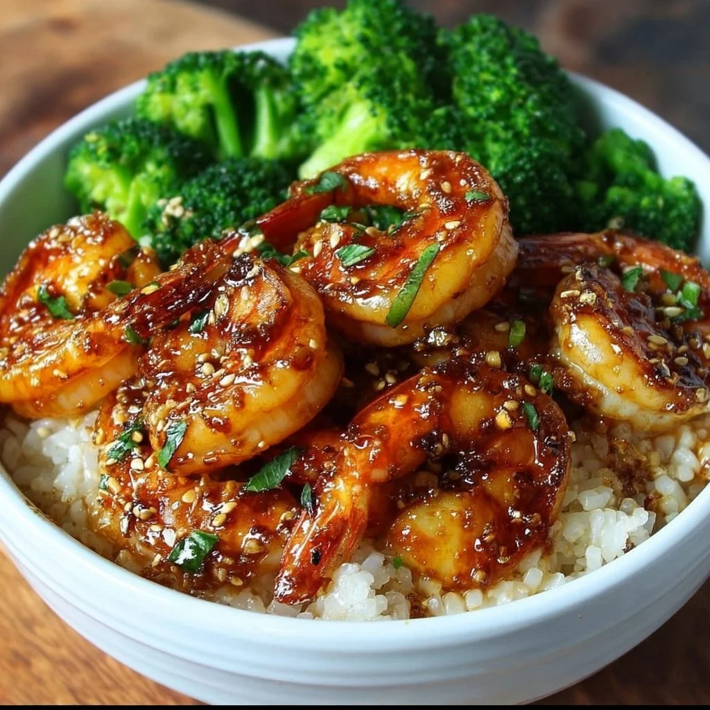Delicious honey garlic shrimp bowls served with rice and veggies