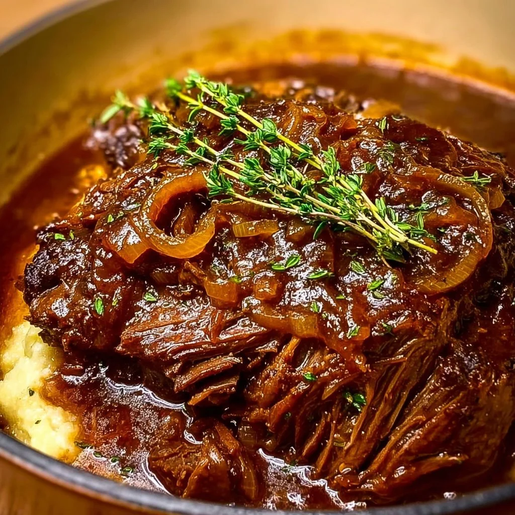 Tender French Onion Pot Roast simmering with savory flavors and melting onions