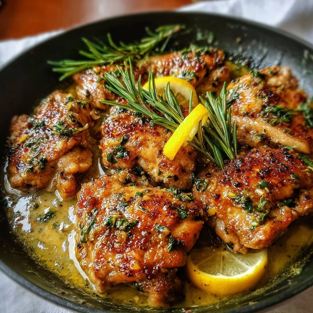 Lemon Garlic Butter Chicken Thighs served with fresh herbs and lemon wedges
