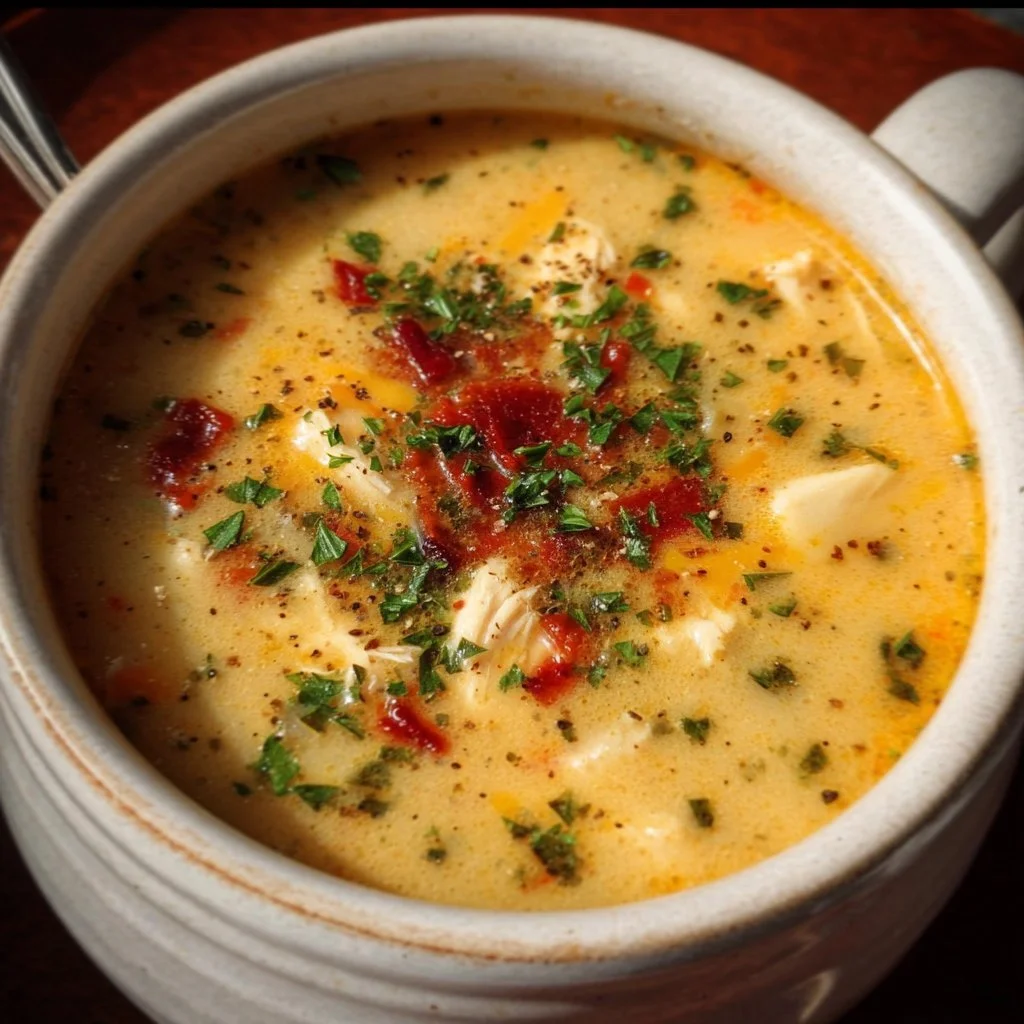 Low Carb Crack Chicken Soup 1 Delicious low carb crack chicken soup in a bowl garnished with herbs