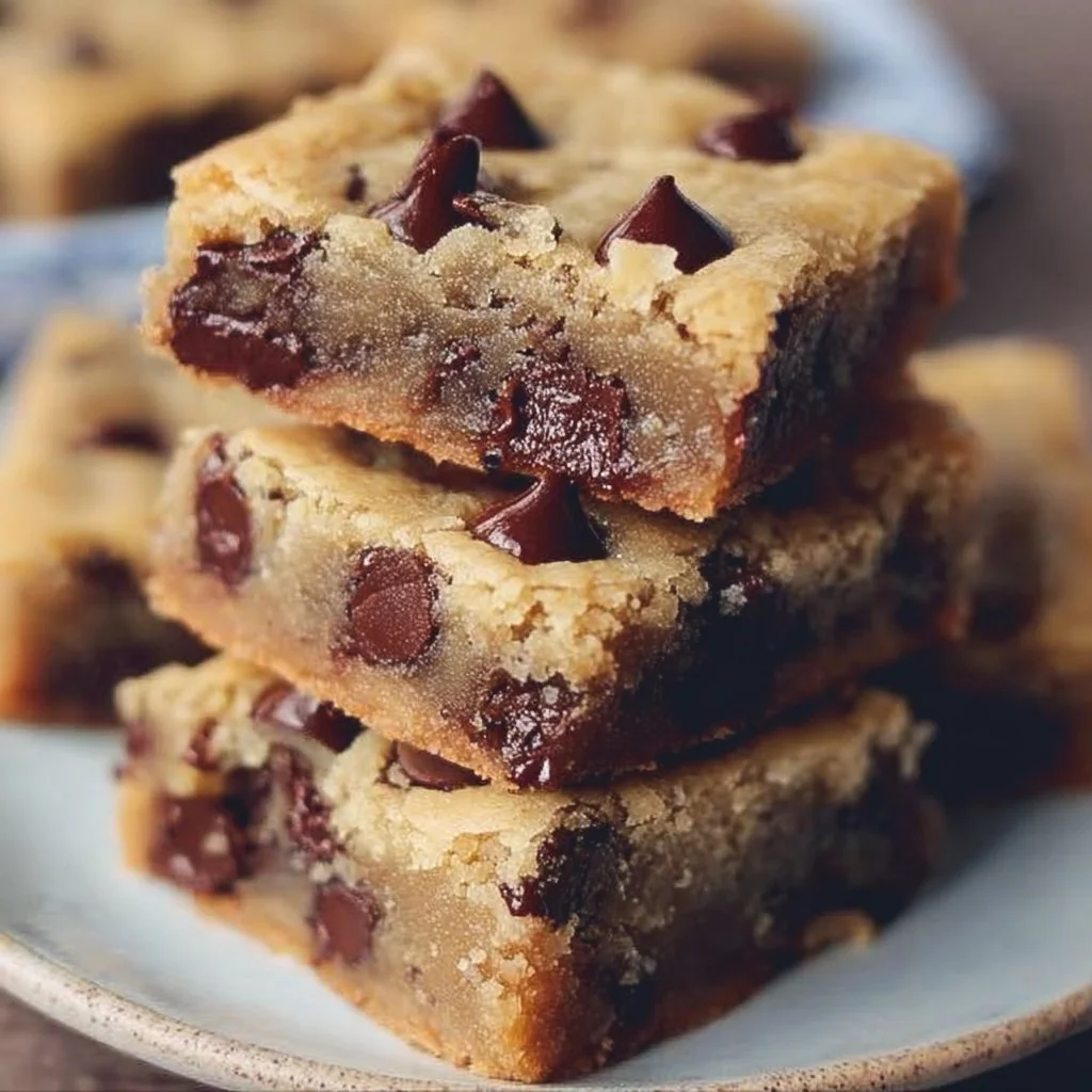 Delicious melt-in-your-mouth chocolate chip cookie bars on a plate