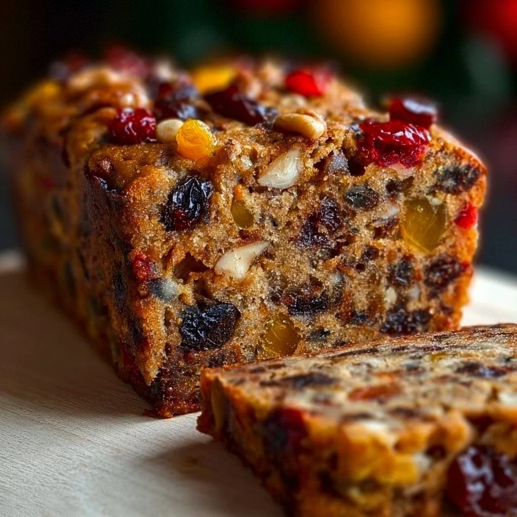 Slice of old-fashioned never fail fruit cake with colorful fruits and nuts.