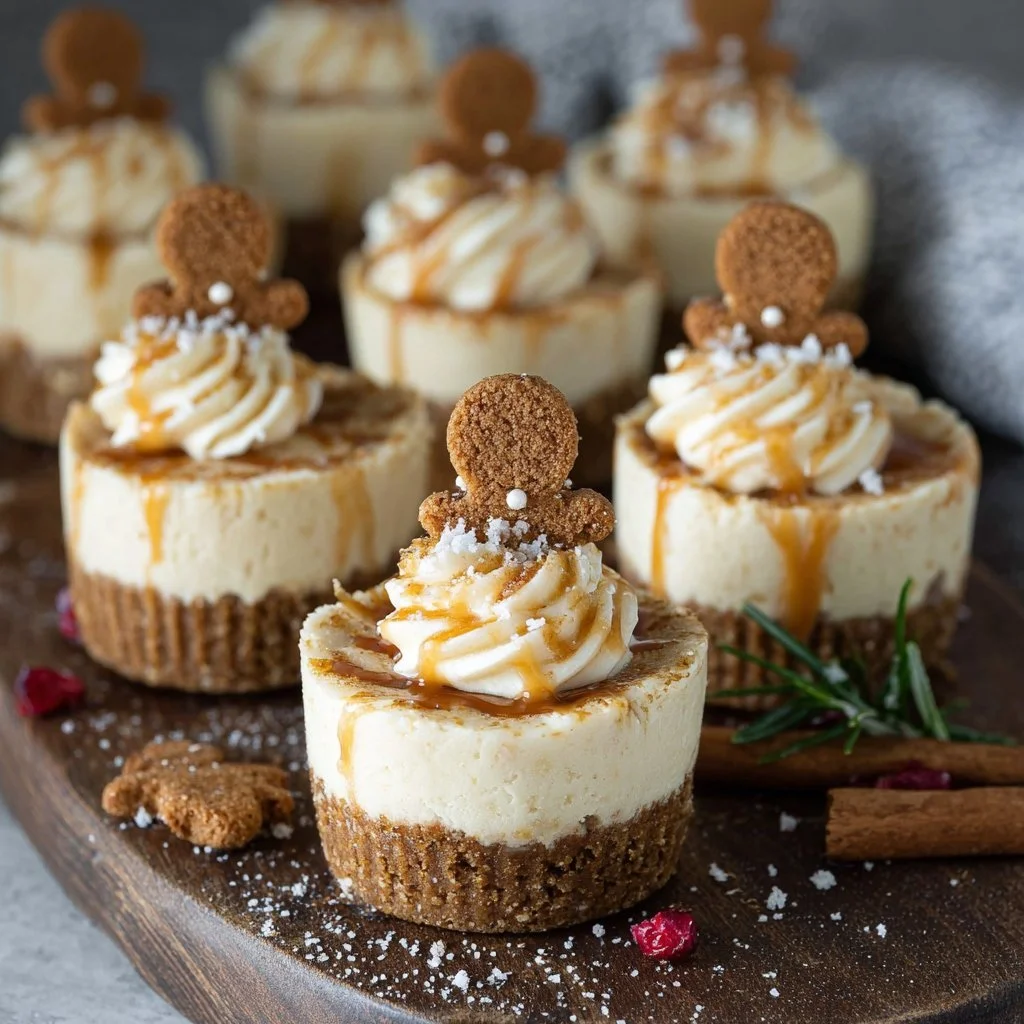 No-Bake Gingerbread Cheesecake Cups 1 No-Bake Gingerbread Cheesecake Cups topped with festive garnishes.