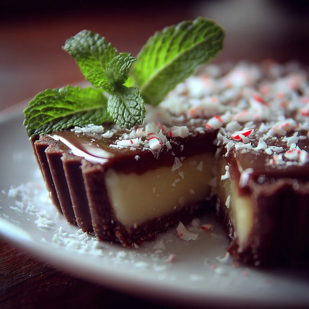 No Bake Peppermint Tart 1 Delicious no bake peppermint tart garnished with chocolate shavings and mint leaves.