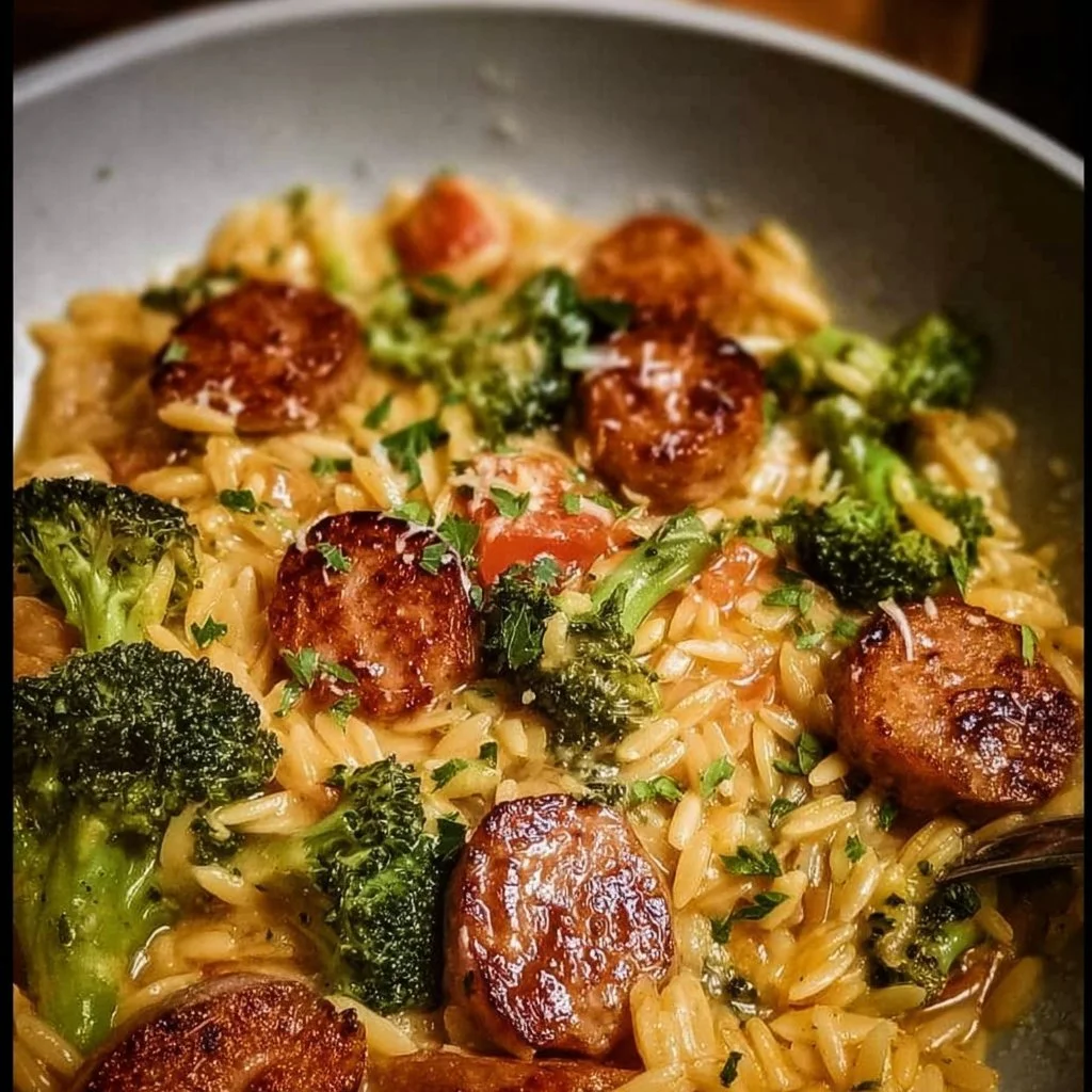 One-Pan Creamy Orzo with Chicken Sausage and Broccoli dish