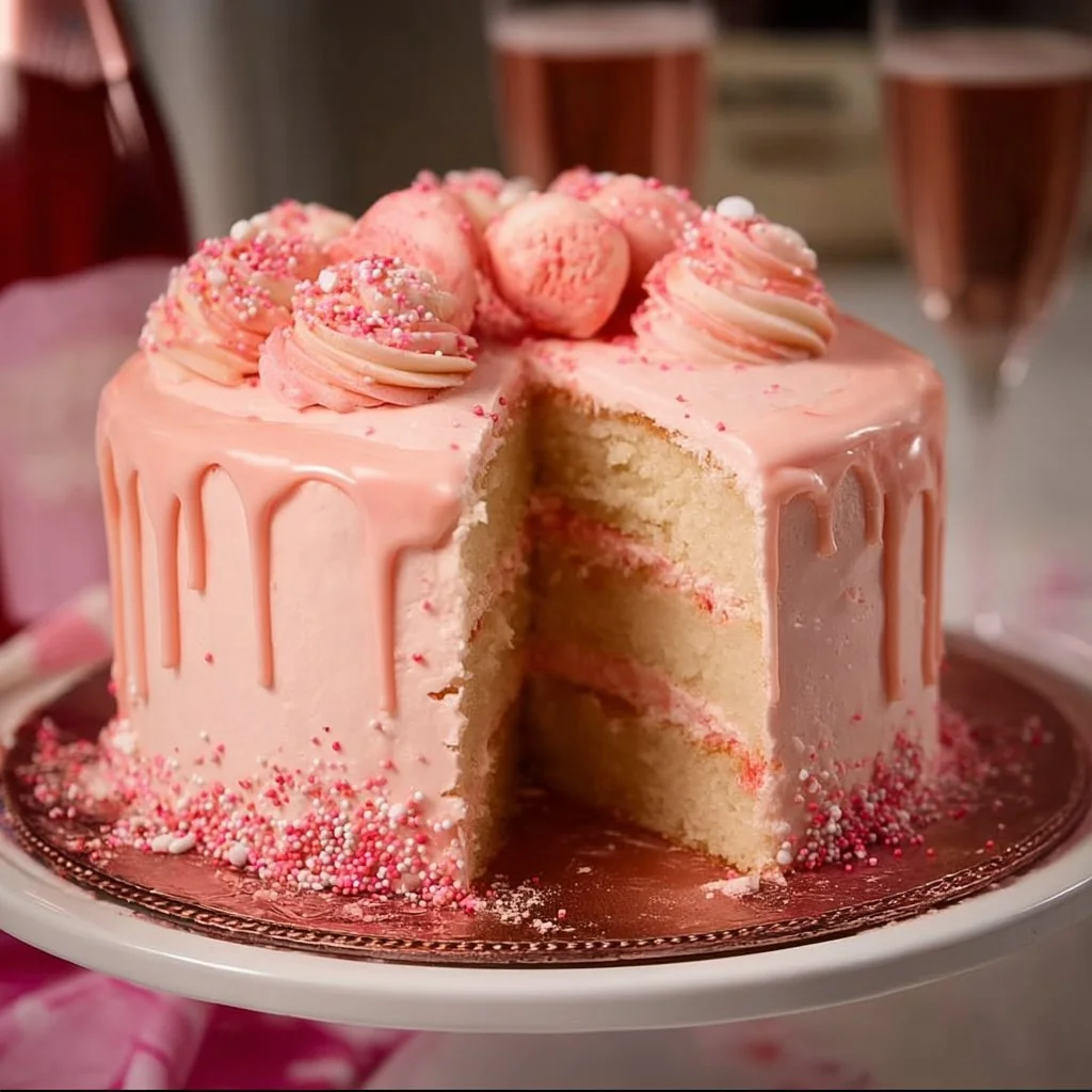 A beautifully frosted Pink Champagne Cake decorated with edible flowers.