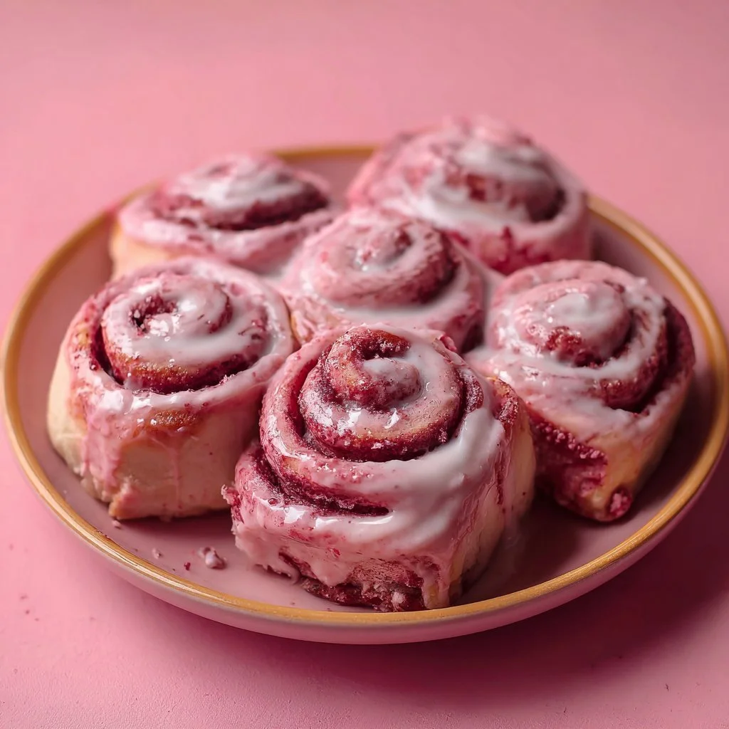 Delicious Pink Velvet Cinnamon Rolls topped with cream cheese icing