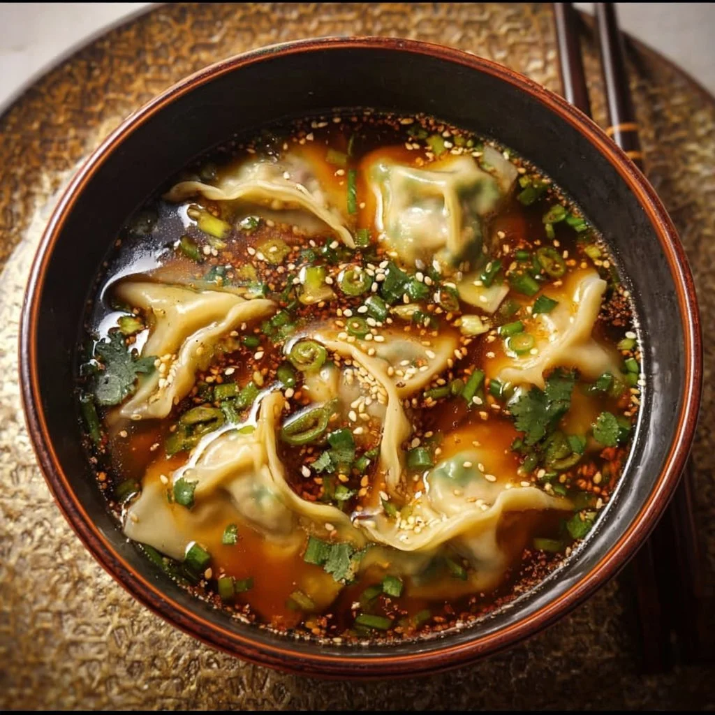 Delicious bowl of potsticker soup with dumplings and broth
