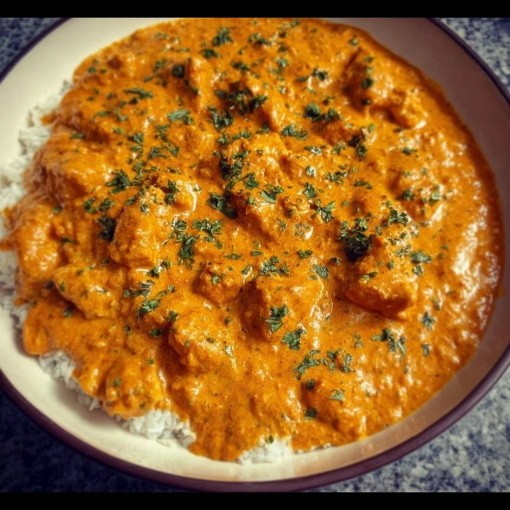 Delicious homemade butter chicken served with rice and naan bread