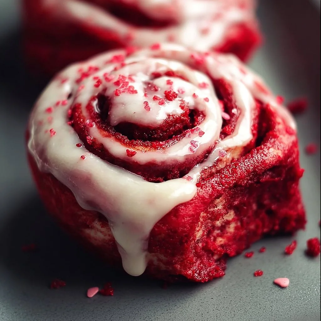 Delicious Red Velvet Valentine's Day Cinnamon Rolls topped with cream cheese icing