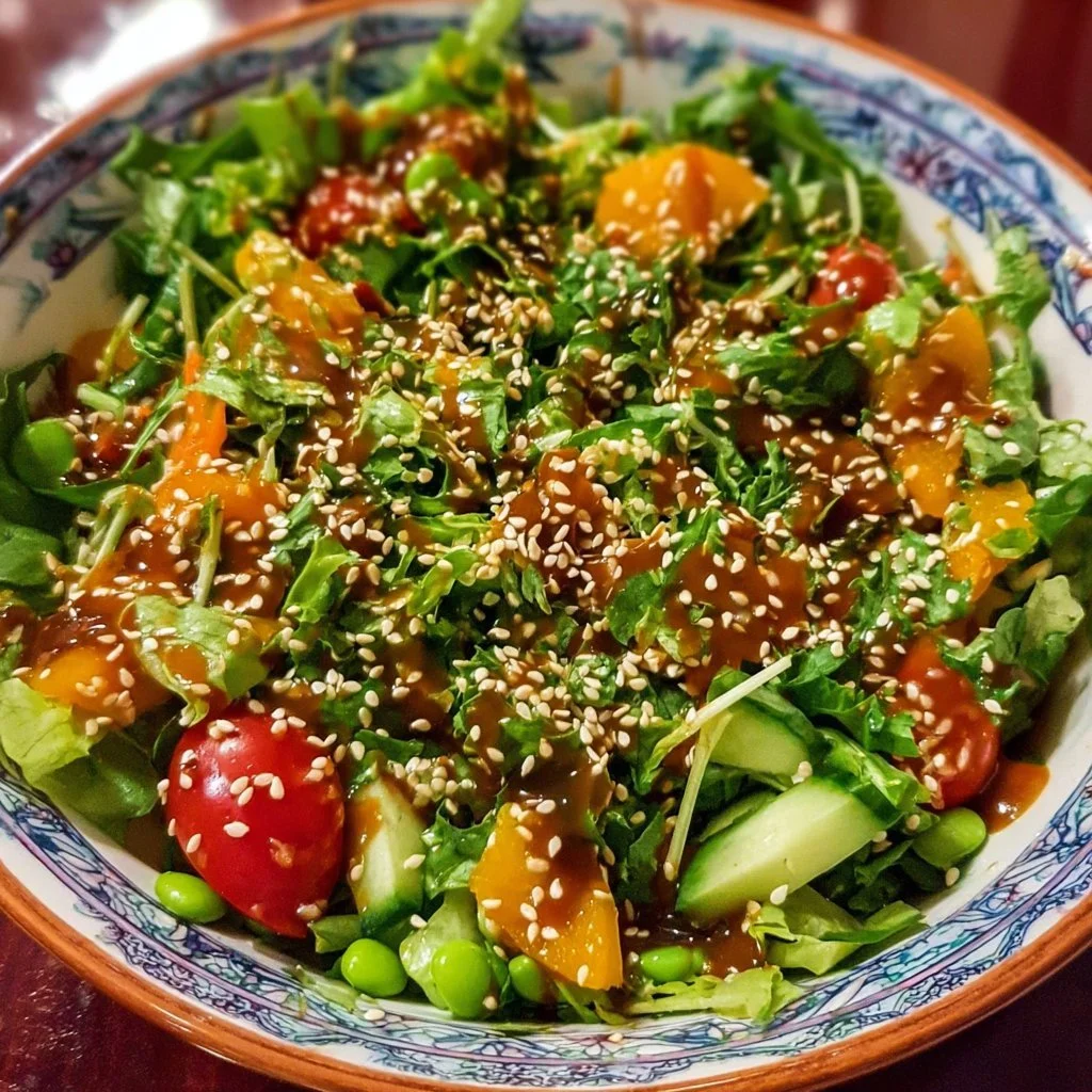 High protein salad drizzled with zesty Asian dressing