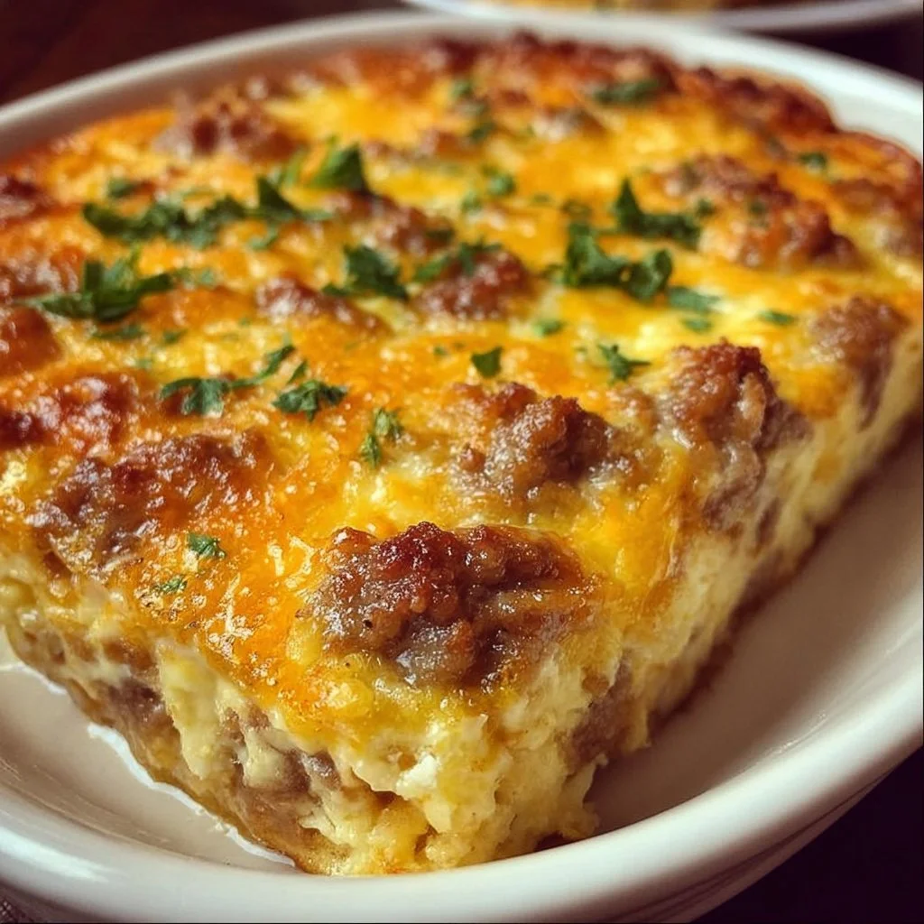 Delicious Sausage and Egg Casserole baked in a dish