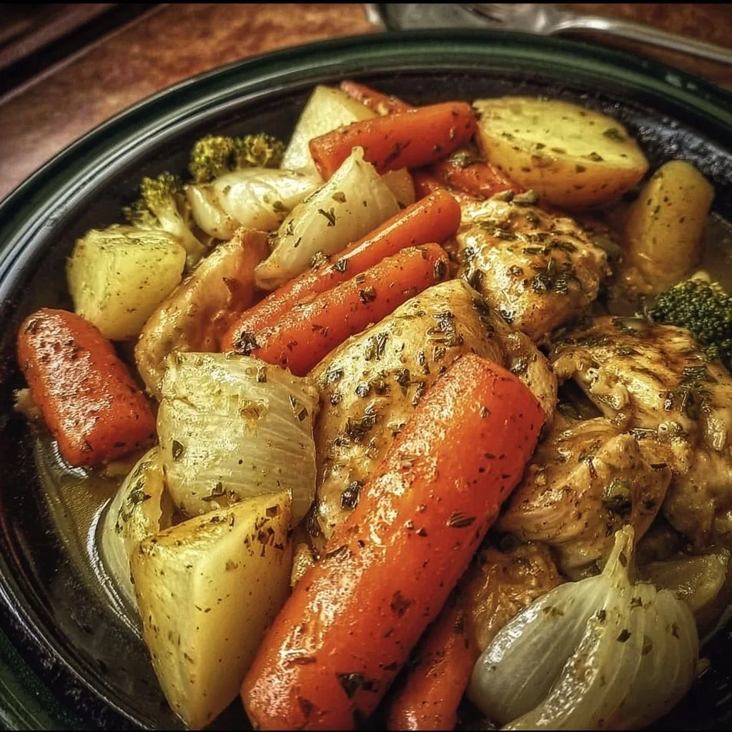 Slow cooker garlic butter chicken with vegetables served in a bowl
