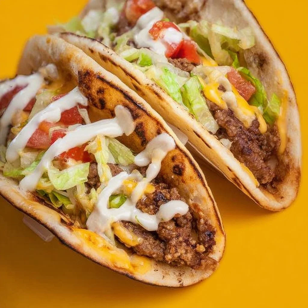 Smash Burger Tacos 1 Delicious Smash Burger Tacos drizzled with sauce and topped with fresh ingredients