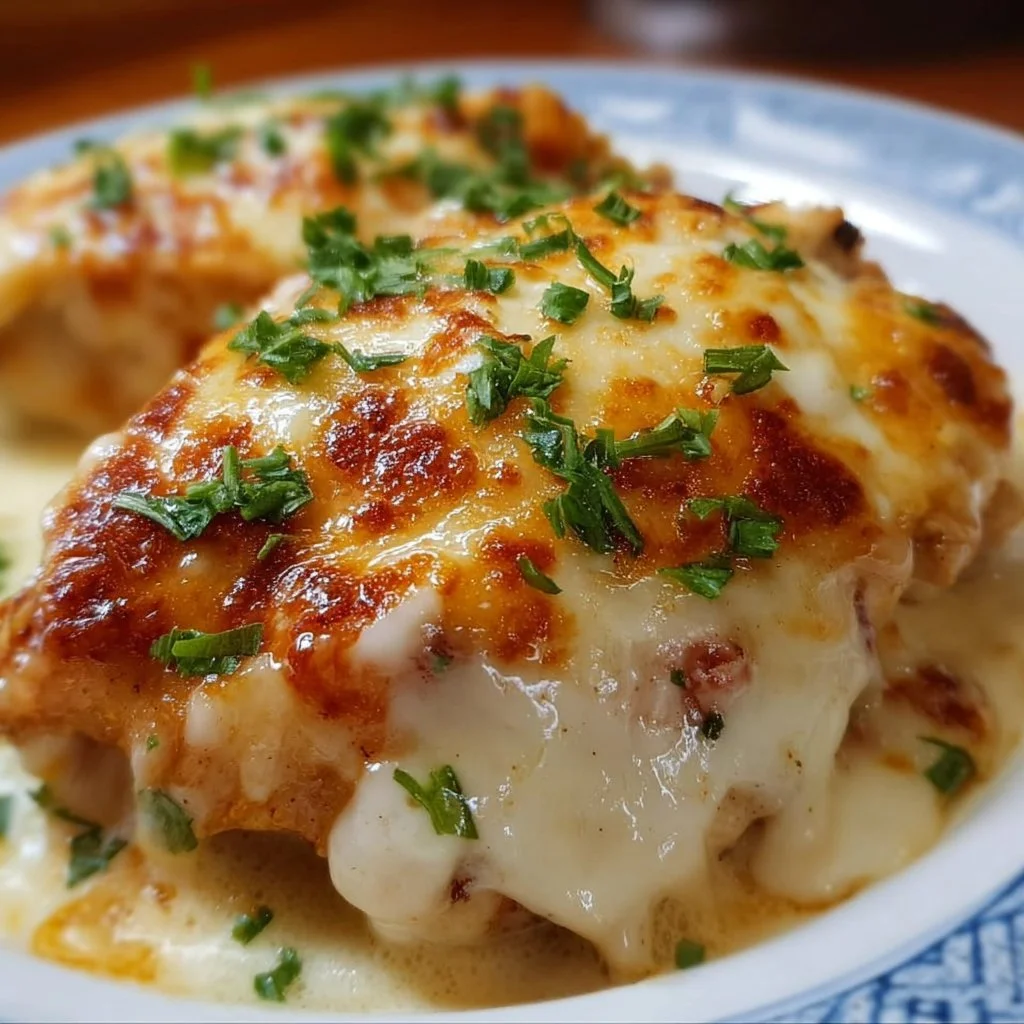 Smothered cheesy sour cream chicken with a creamy sauce and melted cheese