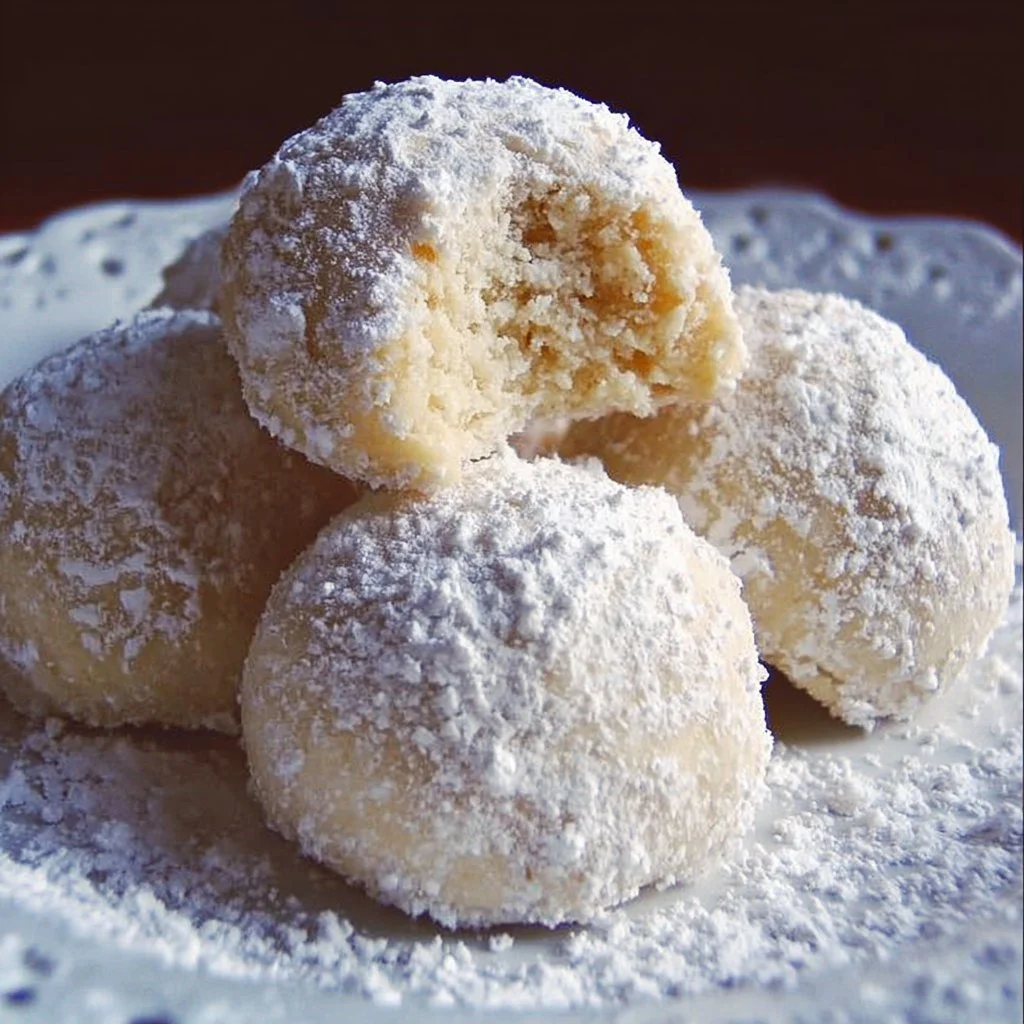 Plate of fluffy Snowball Cookies dusted with powdered sugar