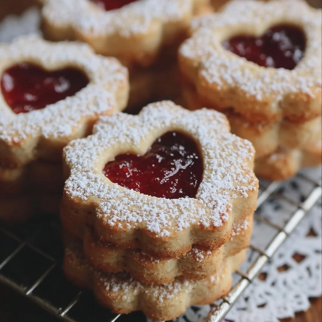 Plate of soft and sweet Linzer cookies with raspberry jam filling