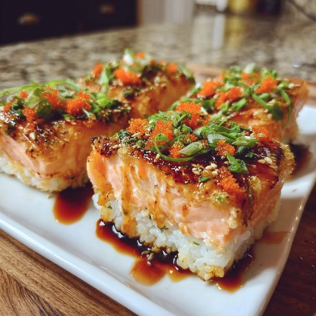 Baked spicy salmon sushi with a crunchy topping in a dish