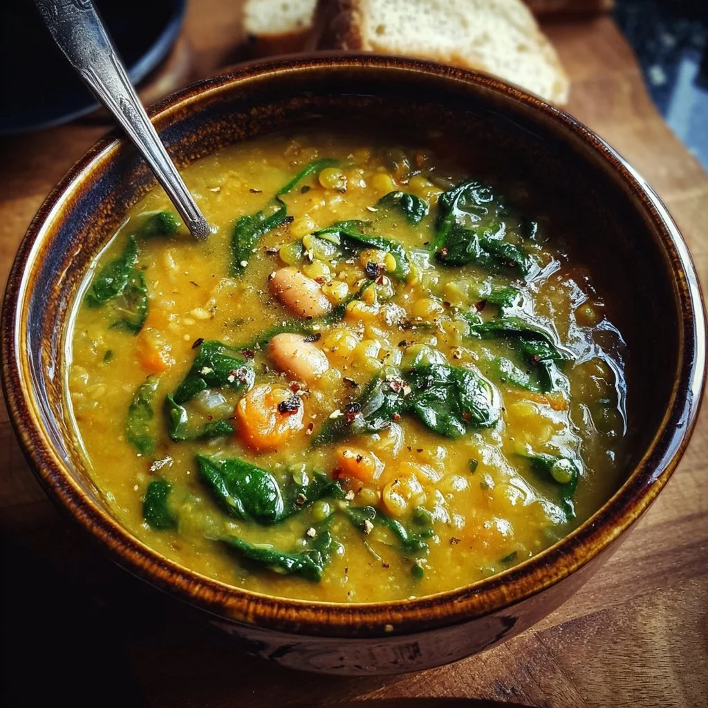 Delicious spinach soup with lentils and butter beans in a bowl.