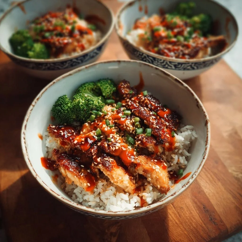 Sticky Chicken Rice Bowls 1 Sticky chicken rice bowls topped with savory sauce and fresh herbs