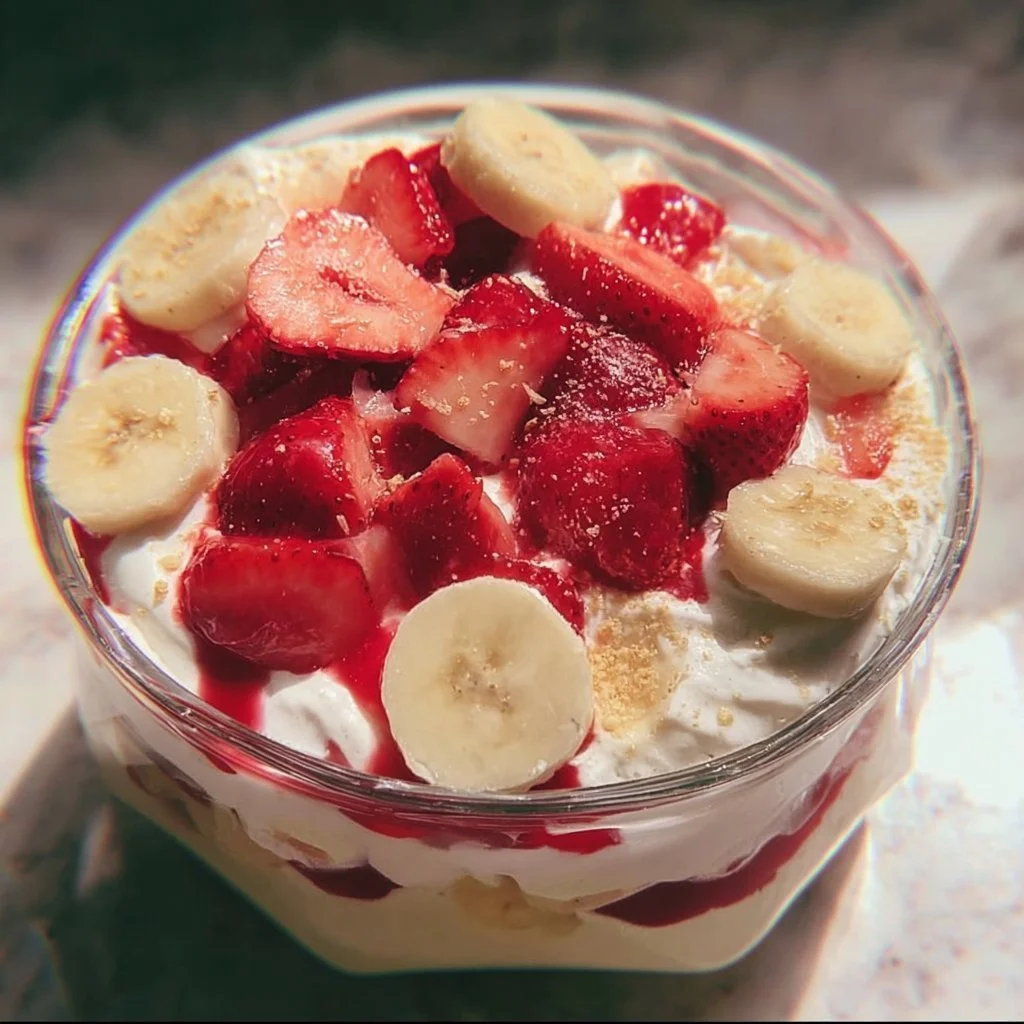 Delicious strawberry banana pudding served in a glass with fresh strawberries on top