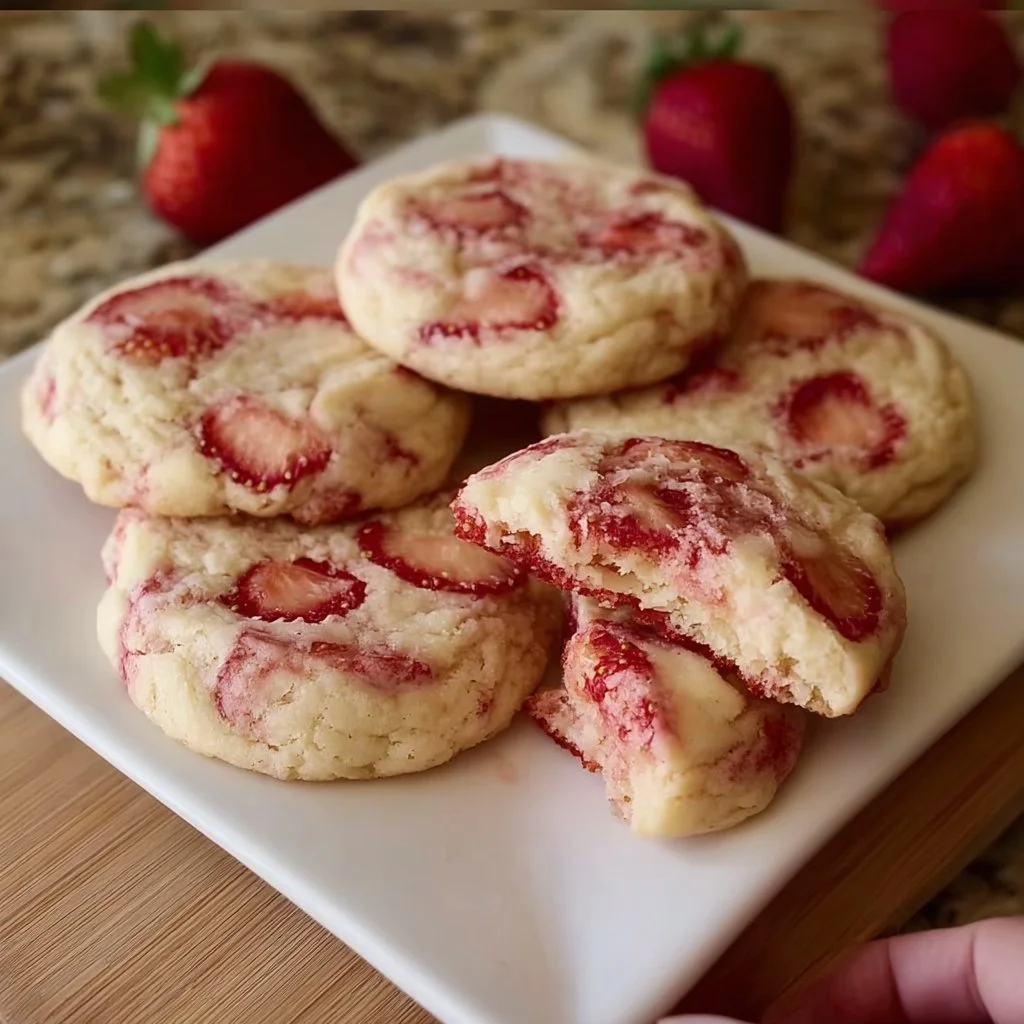 Delicious Strawberry Cheesecake Cookies on a plate, showcasing their creamy filling and fruity topping.